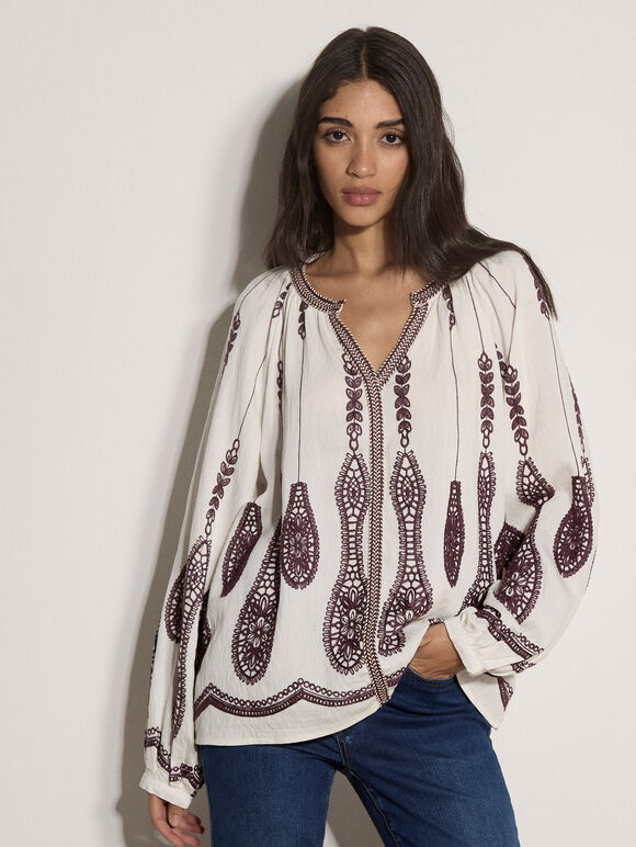 Floral Leaf Embroidered Blouse, Cream, large