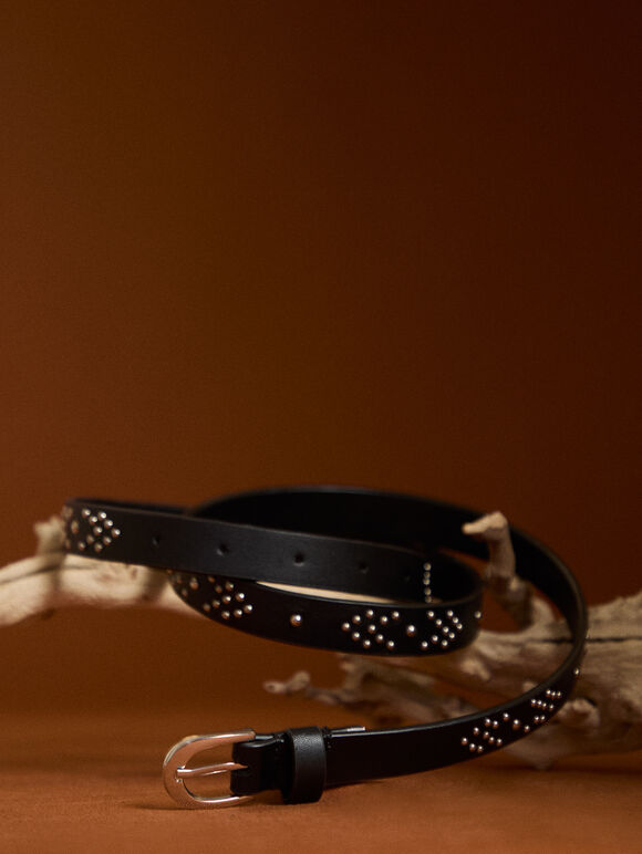 Silver Rivet Studded Belt, Black, large
