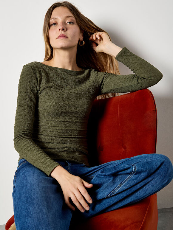 Side Ruched Textured Jersey Top, Khaki, large