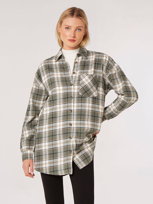 Oversized Plaid Shirt, Khaki, large