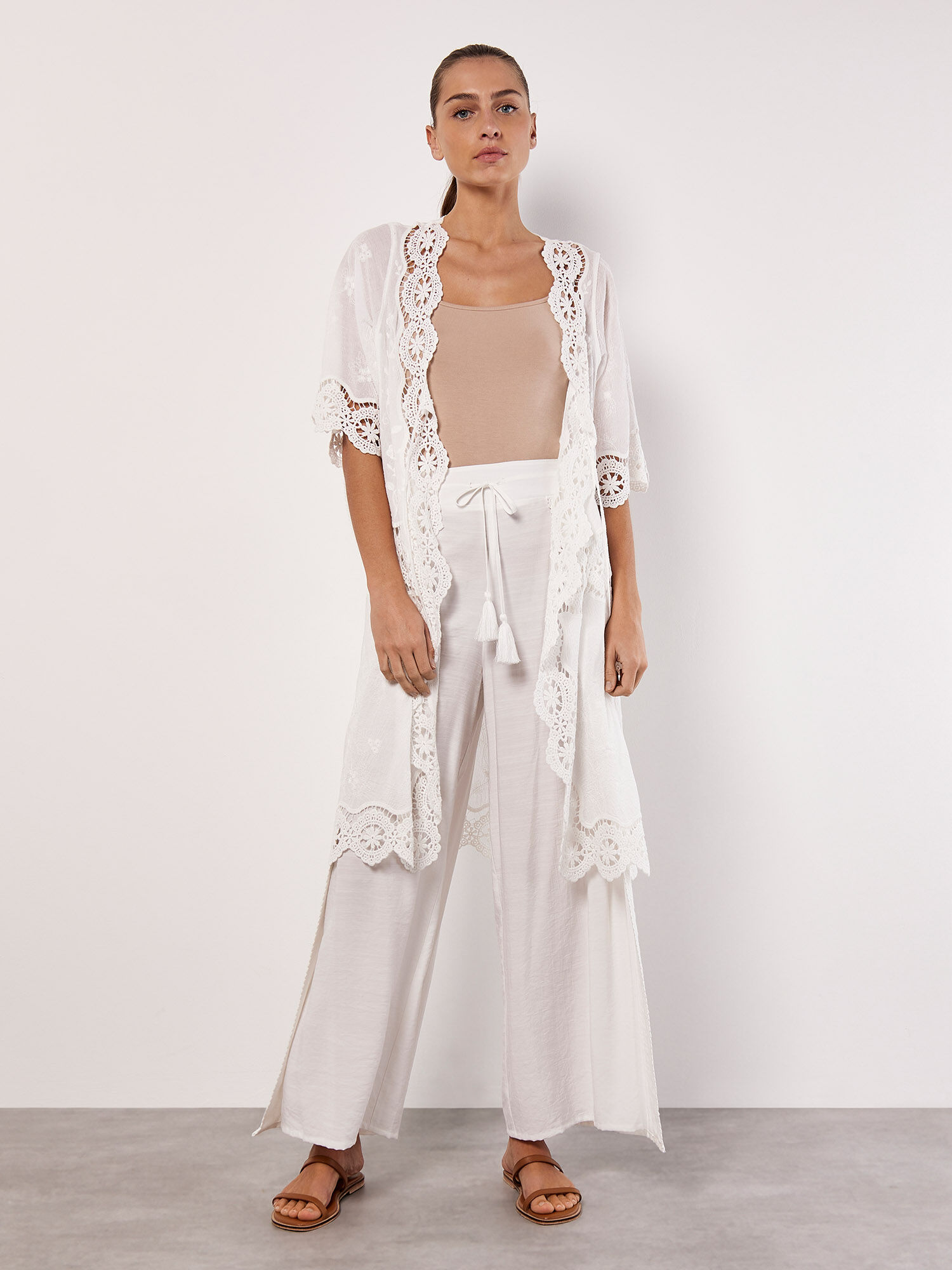 Lace Detail Front Split Wrap Trousers Apricot Clothing