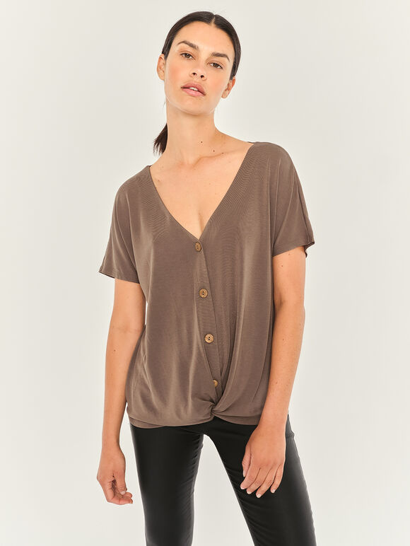 Modal Knot Front Cross Back Top, Khaki, large