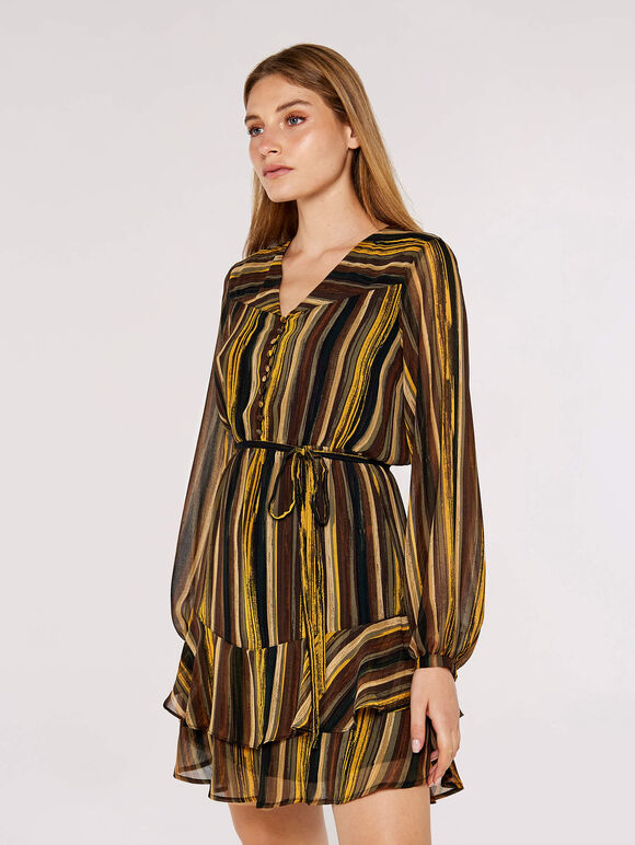Striped Ruffle Mini Dress, Mustard, large