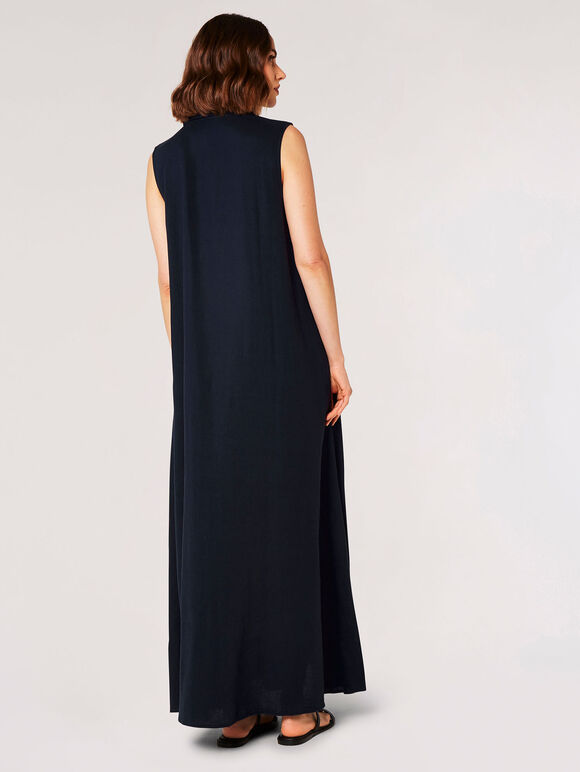 Linen Blend Shirt Maxi Dress, Navy, large