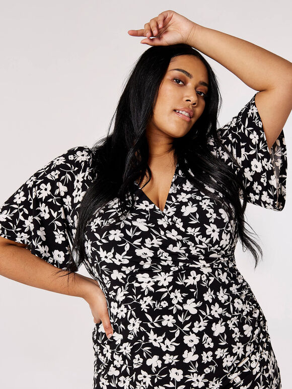 Curve Floral Ruched Midi Dress, Black, large