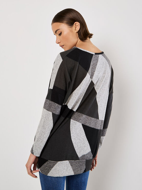 Geo Colour Block Knitted Top, Grey, large