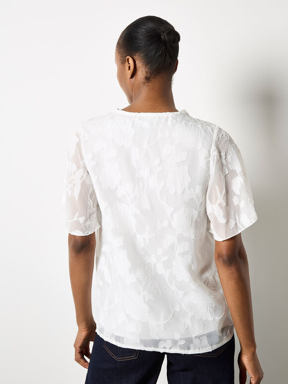Crochet Trim Floral Jacquard Blouse, Cream, large