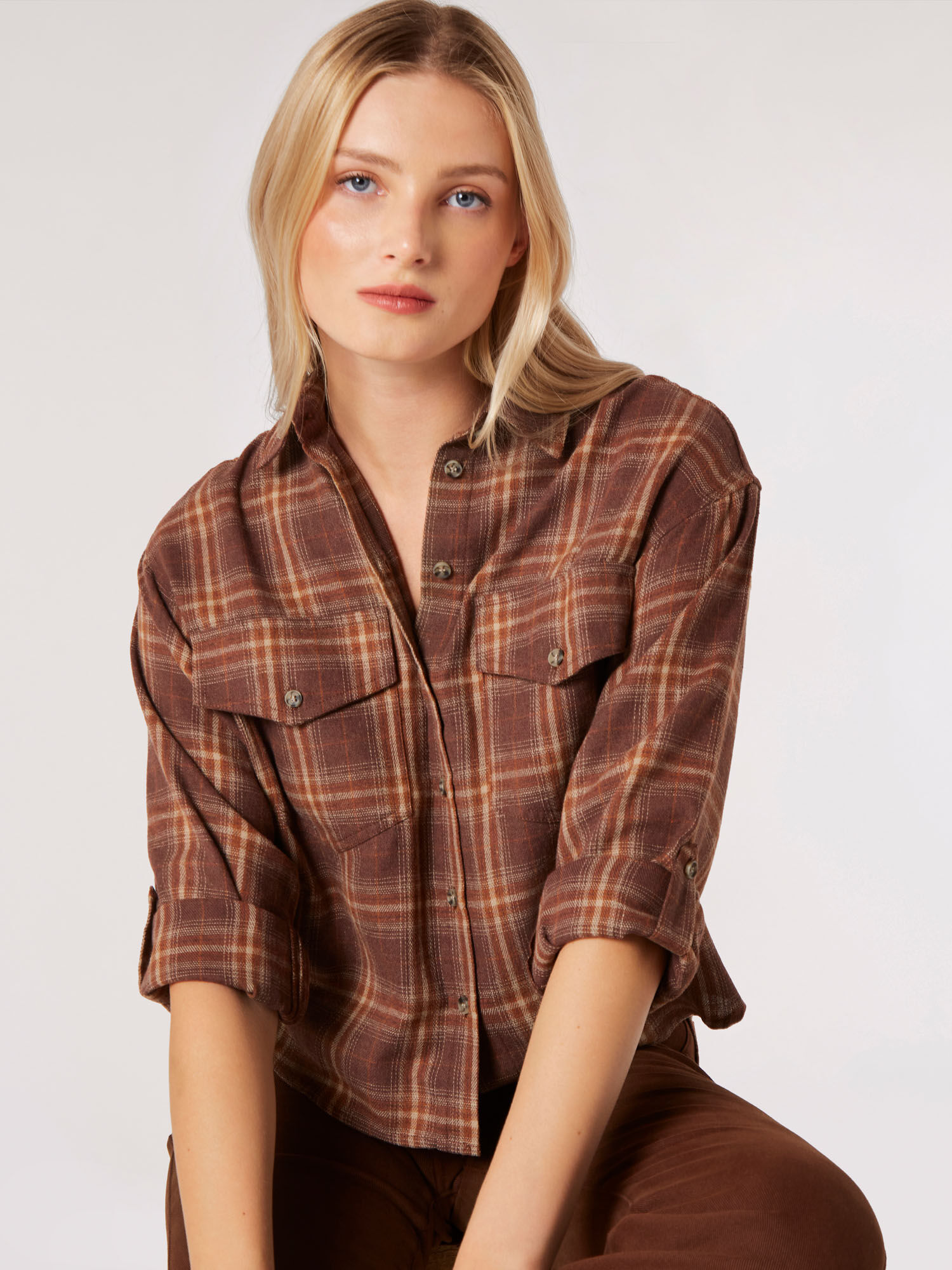 Check Print Cropped Shirt Apricot Clothing