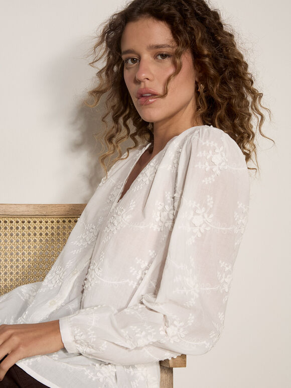 Floral Embroidered Cotton Blouse, White, large