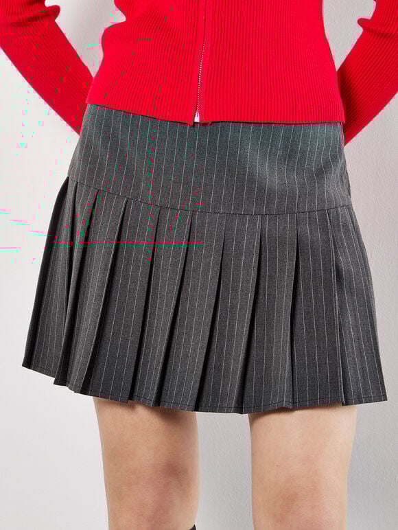 Pinstripe Pleat Mini Skort, Grey, large