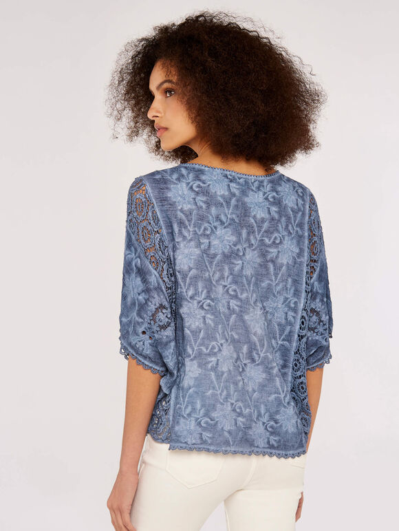 Embroidered Mesh Top, Navy, large