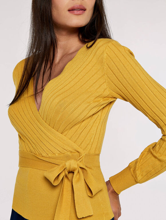 Wrap Ribbed Knitted Top, Mustard, large