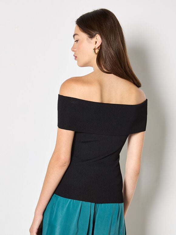 Rib Knit Bardot Top, Black, large