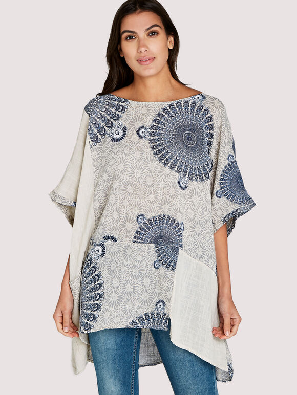 Stone Spirograph Panelled Slub Top, Stone - Beige, large
