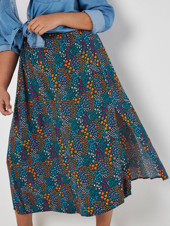 Curve Ditsy Floral Split Hem Midi Skirt, Navy, large