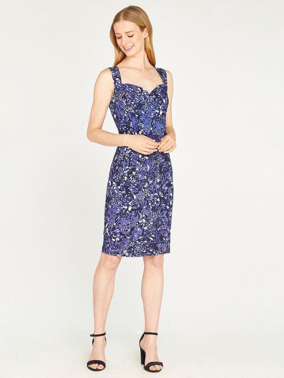 Abstract Leaf Print Bodycon Dress, Navy, large
