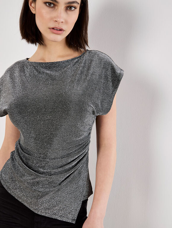 Sparkle Side Ruched Jersey Top, Silver, large