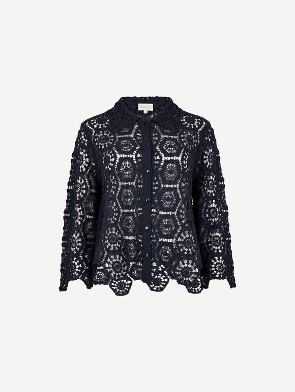 Geometric Cotton Crochet Shirt, Navy, large