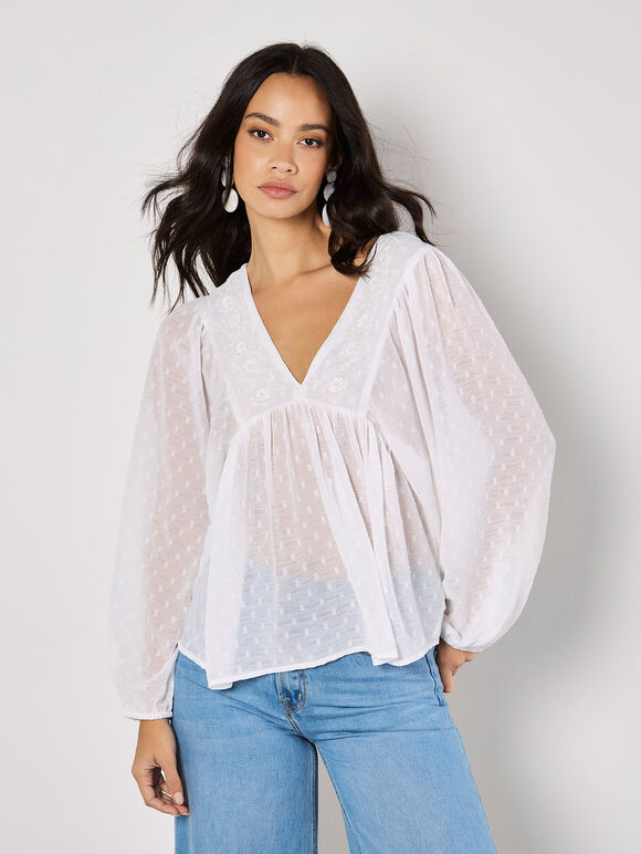 Dobby Bead Embellished Empire Top, White, large