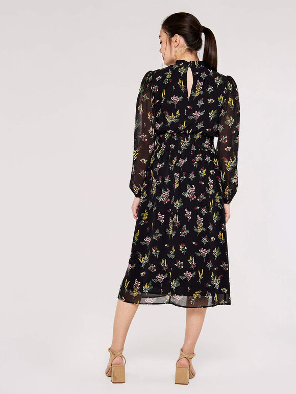 Floral Bouquet Smocked Midi Dress, Black, large