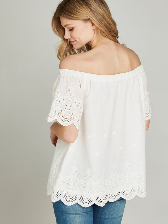 Cream Bardot Lace Trim Top, Cream, large