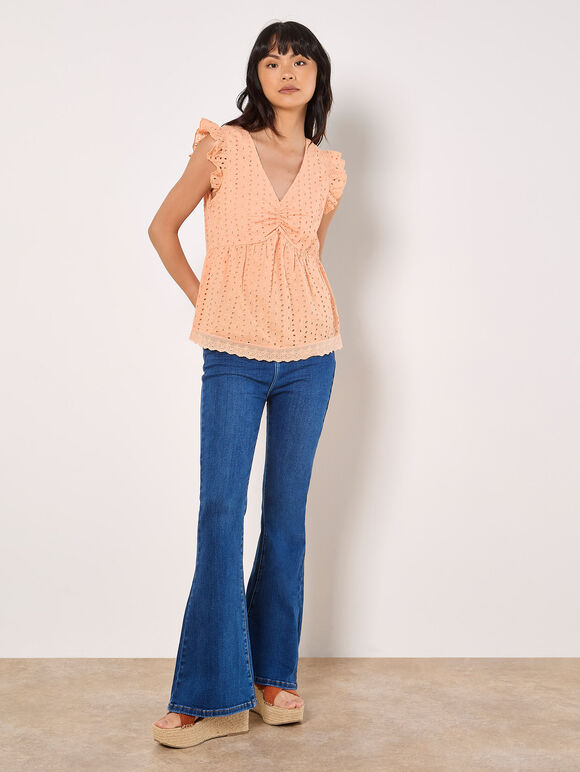 Cotton Broderie Ruffle Shoulder Top, Peach, large