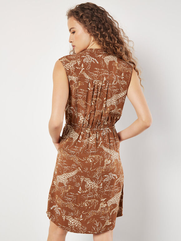 Tropical Animal Print Zip Mini Dress, Rust, large