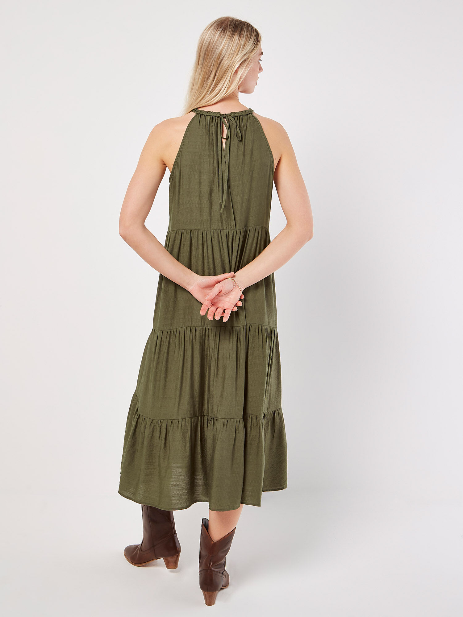 Lace Halter Neck Tiered Midi Dress Apricot Clothing
