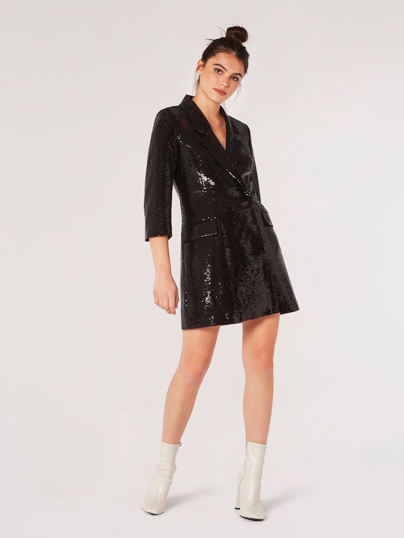 Sequin Blazer Mini Dress, Black, large