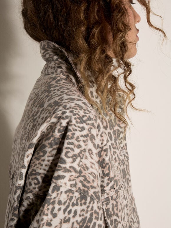 Leopard Print Cotton Denim Shacket Mini Dress, Grey, large