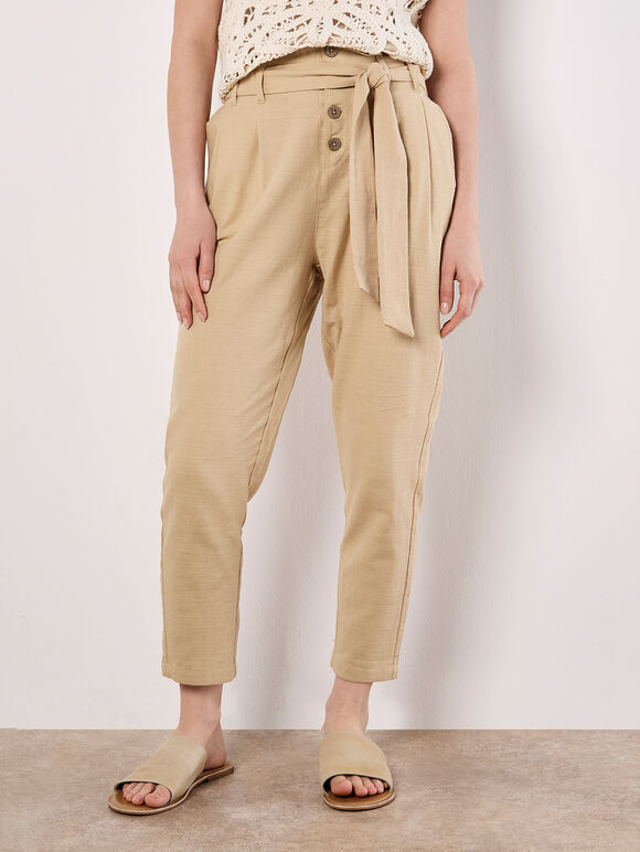Straight Leg Paperbag Trousers, Stone, large