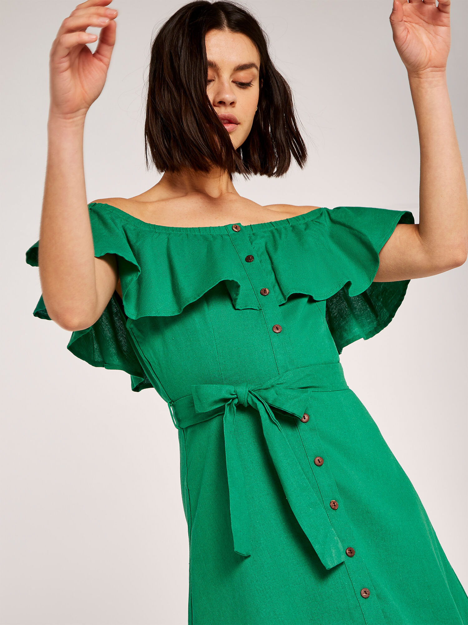 Ruffle Bardot Linen Dress Apricot Clothing