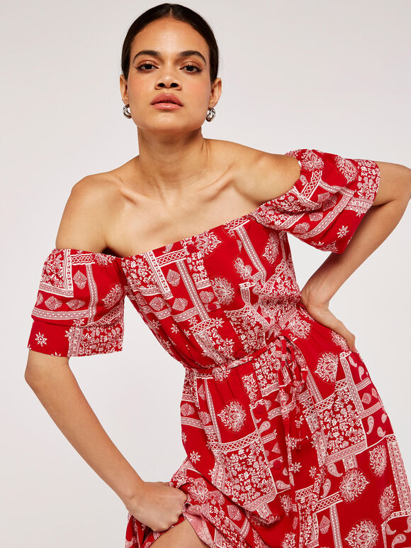 Patchwork Bardot Dress, Red, large