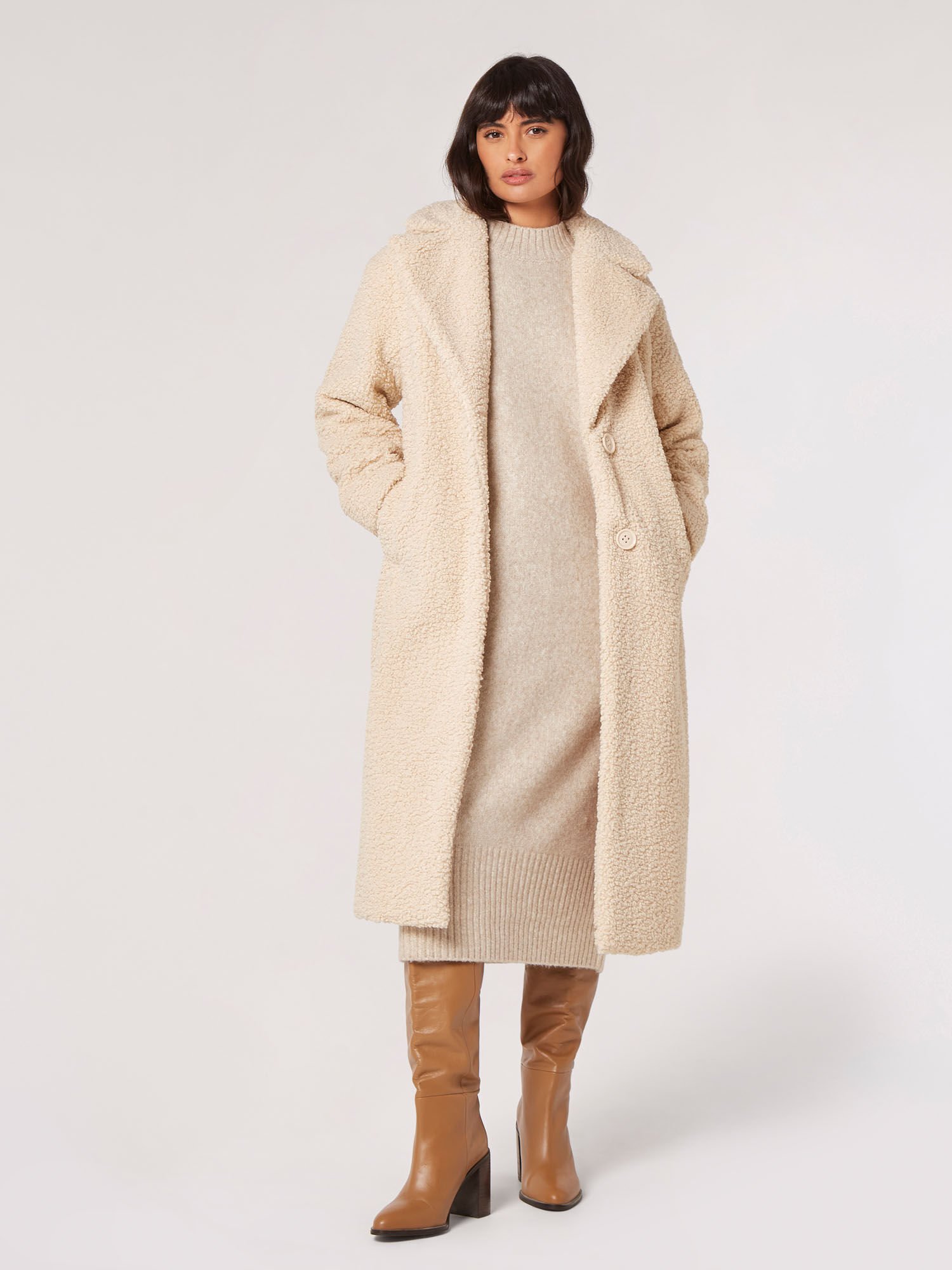 Longline Borg Teddy Coat Apricot Clothing