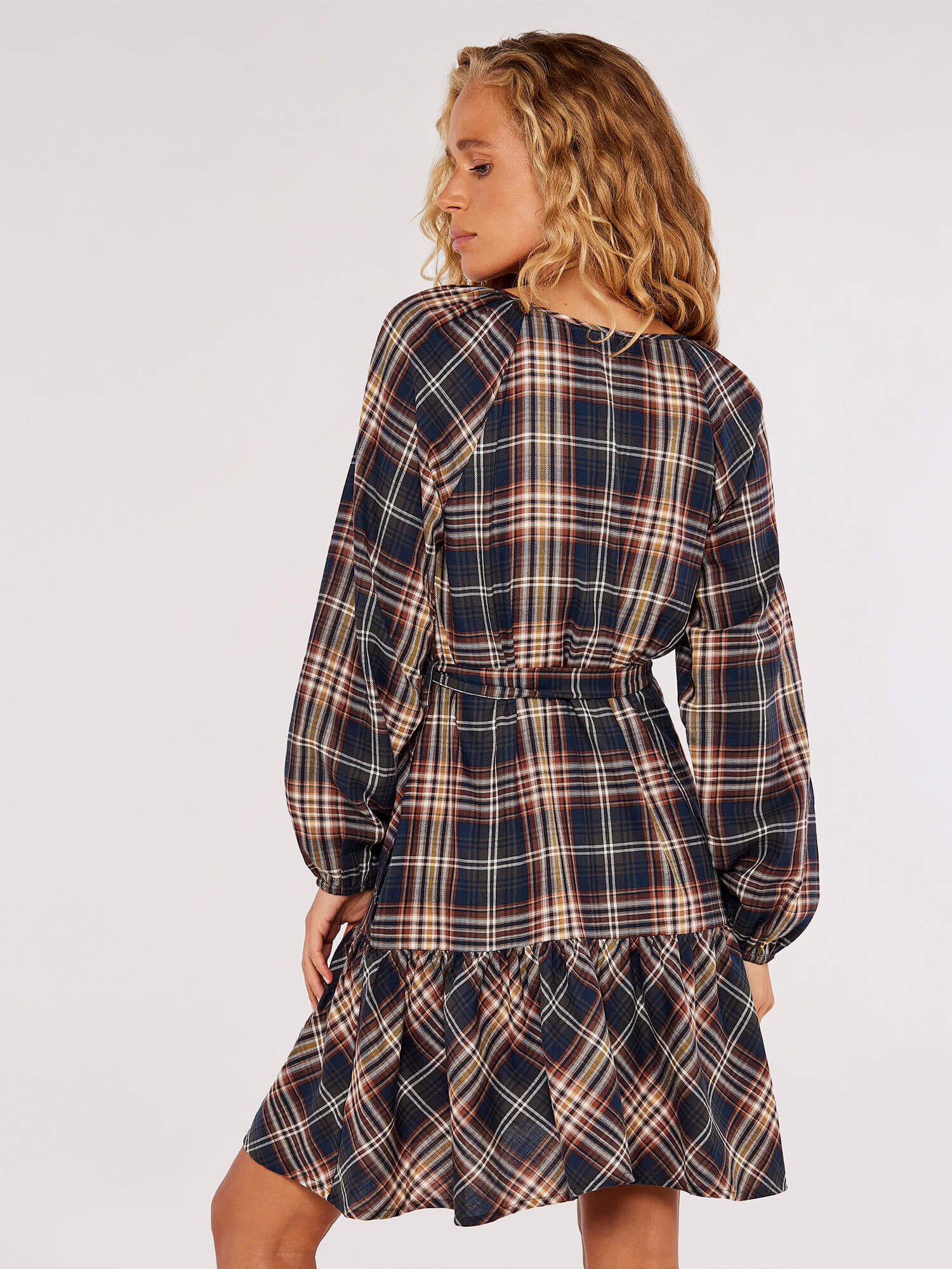 Check Print Ruffle Mini Dress Apricot Clothing