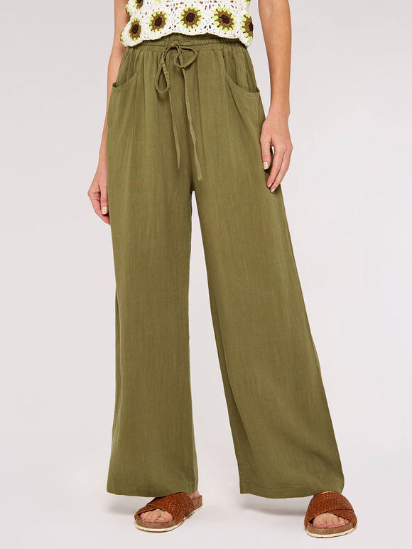 Linen Wide Leg Trousers, Khaki, large