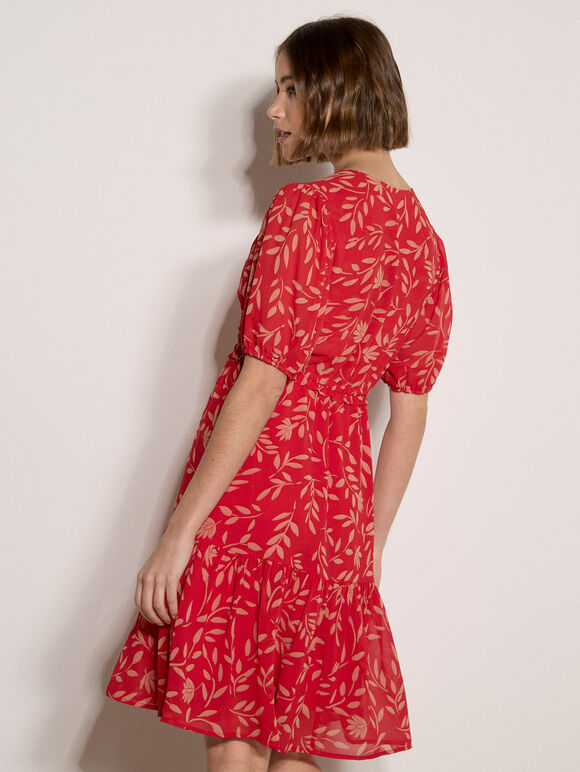 Silhouette Leaf Drawstring Mini Dress, Red, large