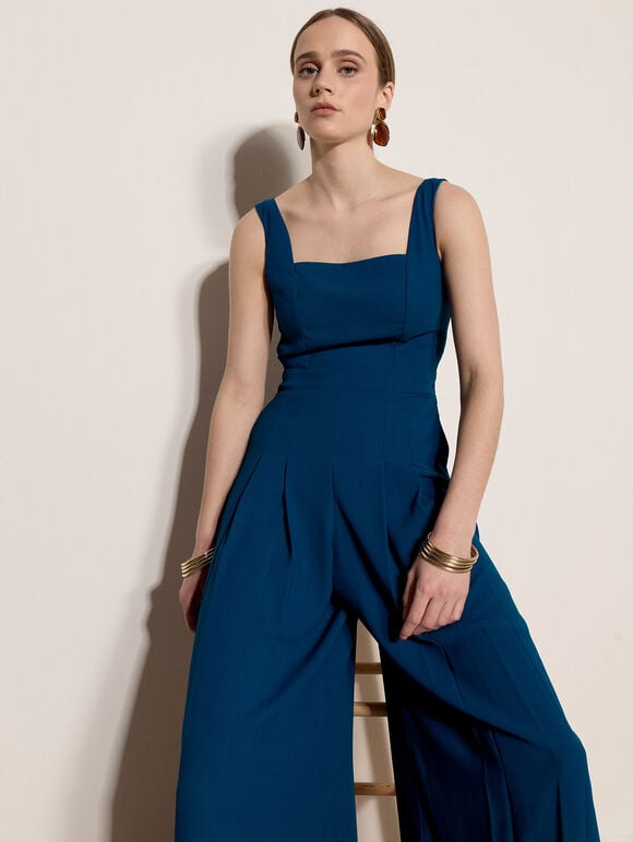 Crepe Wide-Leg Jumpsuit, Blue, large