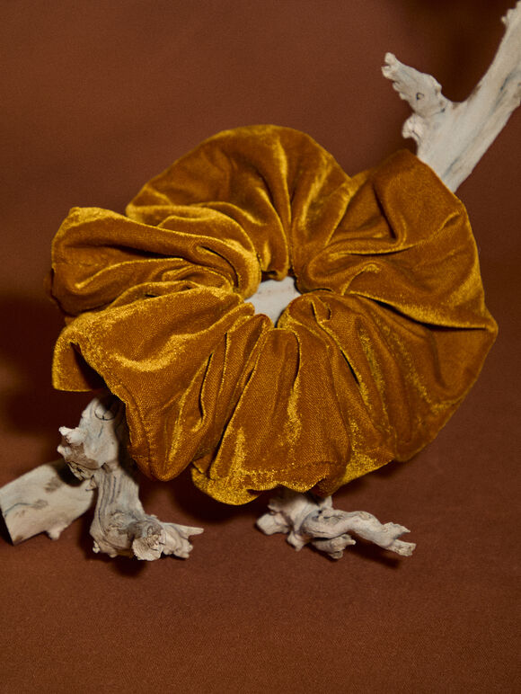 Tan Velvet Hair Scrunchie, Brown, large
