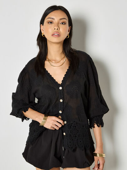 Embroidered Daisies Cotton Crochet Lace Blouse
