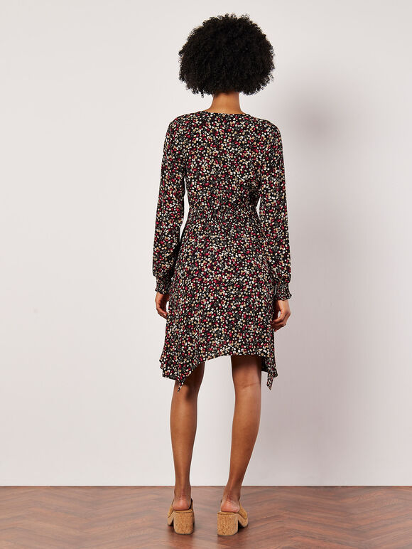 Ditsy Floral Smocked Mini Dress, Black, large