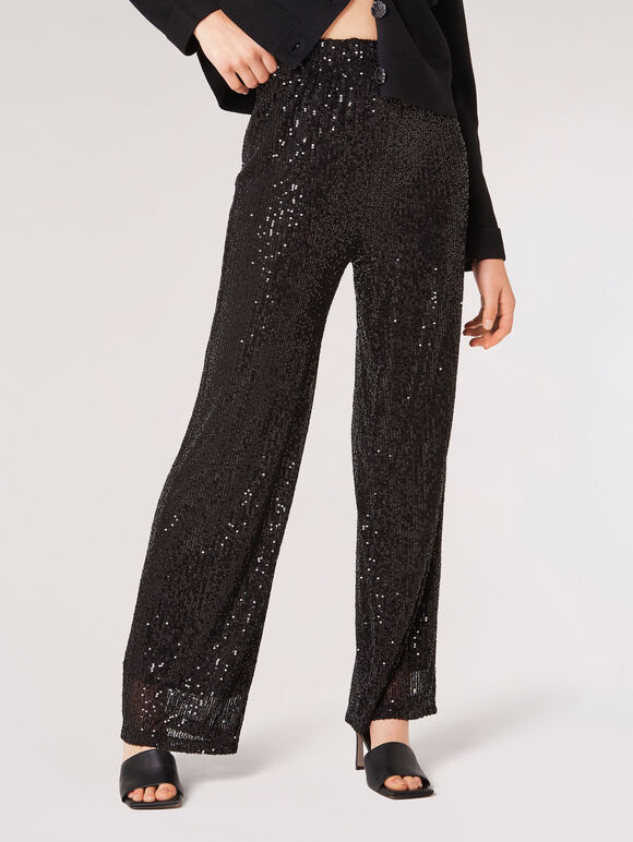 Sequin Embellished Palazzo Trousers, Black, large