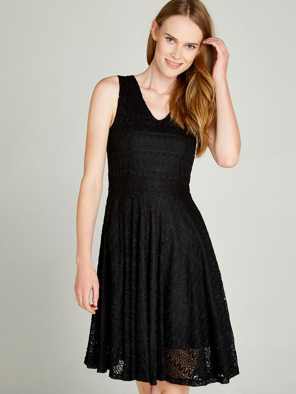 Chevron V-Neck Skater Dress, Black, large
