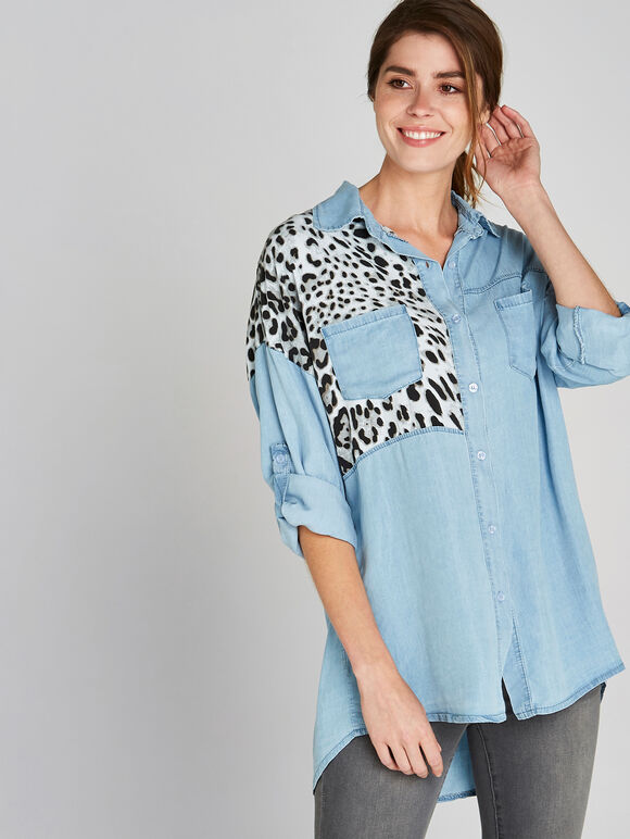Blue Leopard Print Patchwork Shirt, Blue, large