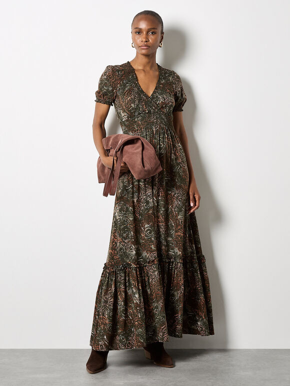 Peacock Feather Print Maxi Dress, Khaki, large