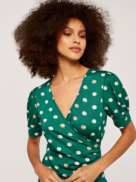 Watercolour Spot Ruffle Dress, Green, large