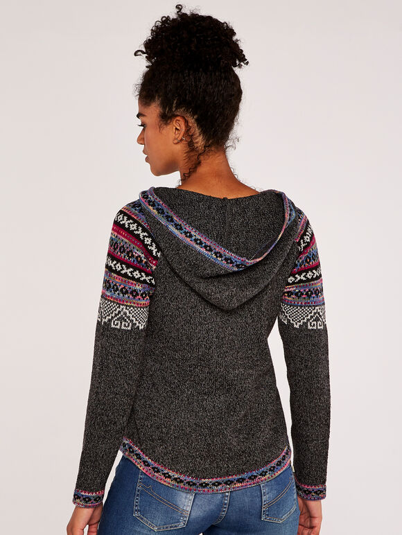 Hooded Fair Isle Jumper, Dark Grey - Charcoal, large