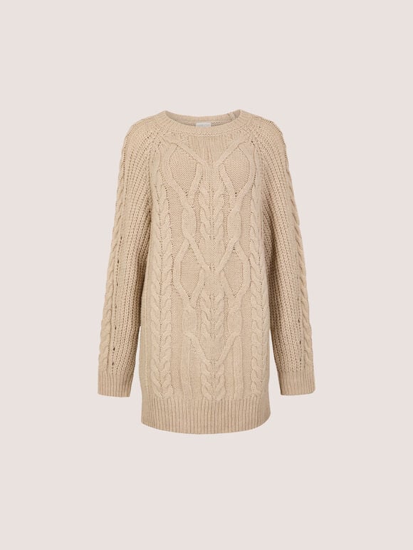 Cable Knit Jumper Mini Dress, Stone, large