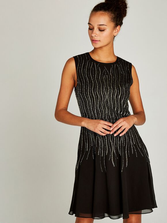 Black Sequin Lines Skater Dress, Black, large