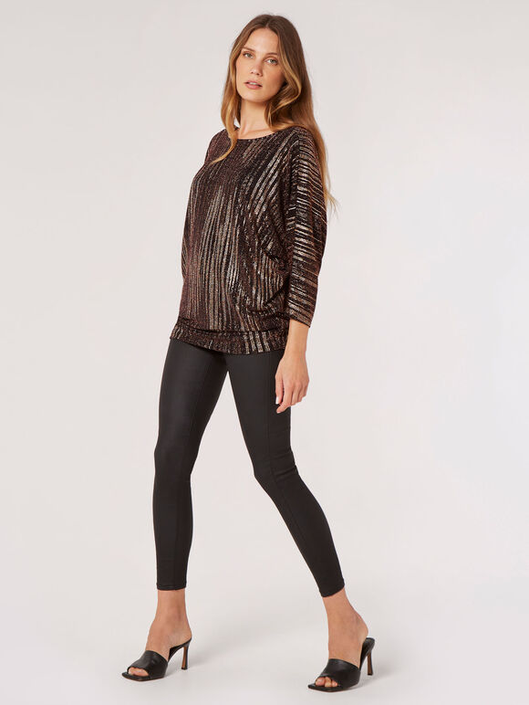 Metallic Sparkle Oversized Jersey Top , Brown, large